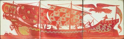 Three Tiles Depicting a Ship by William de Morgan